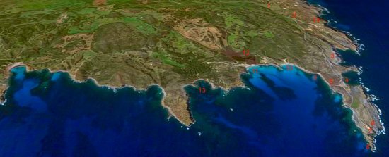 Mapa de la costa de Menorca area del Parque Natural de la Albufera Des Grao Vista desde cala Tortuga, Cala presili, el Cabo de Favaritx