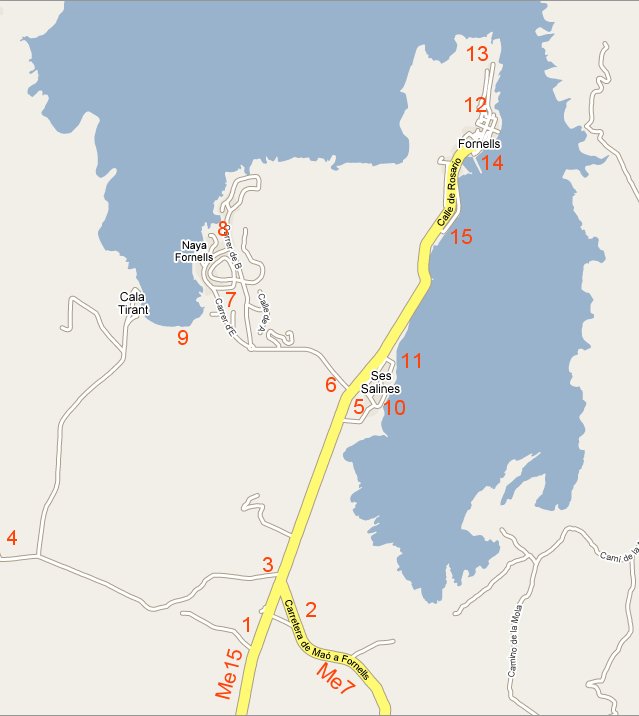 Mapa de Fornells, y area de influencia, Ses Salinas, Cala tiral, Playas de fornells y la bahia de Fornells