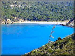 La playa de esbot, en en area de La Vall vista desde el mirador y camino de cala Fontanelles, punto de refugio para barcas de pescadores