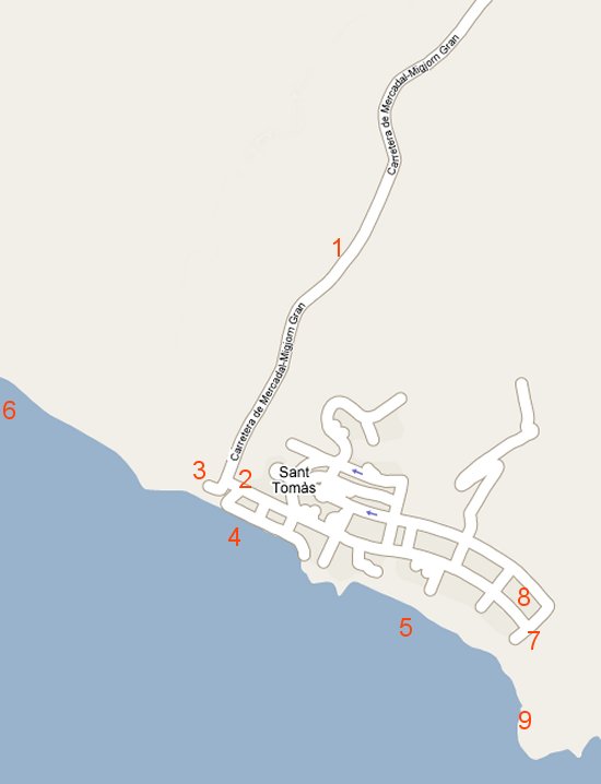 Map of access to the urbanisation of Santo Tomás and the beaches of San Adeodato and Binigaus in Es Migjorn Gran.