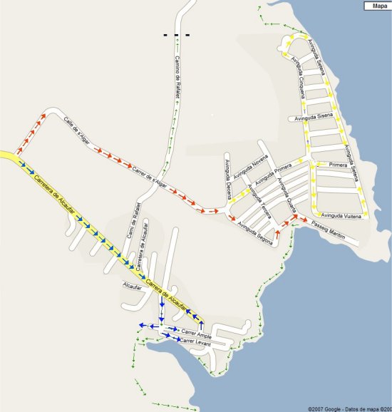 Carte d'accès à Cala Alcaufar et à l'urbanisation de S´Algar depuis Sant Lluís, indiquant les deux circuits.
